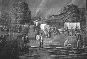 Painting of Pioneers with handcarts