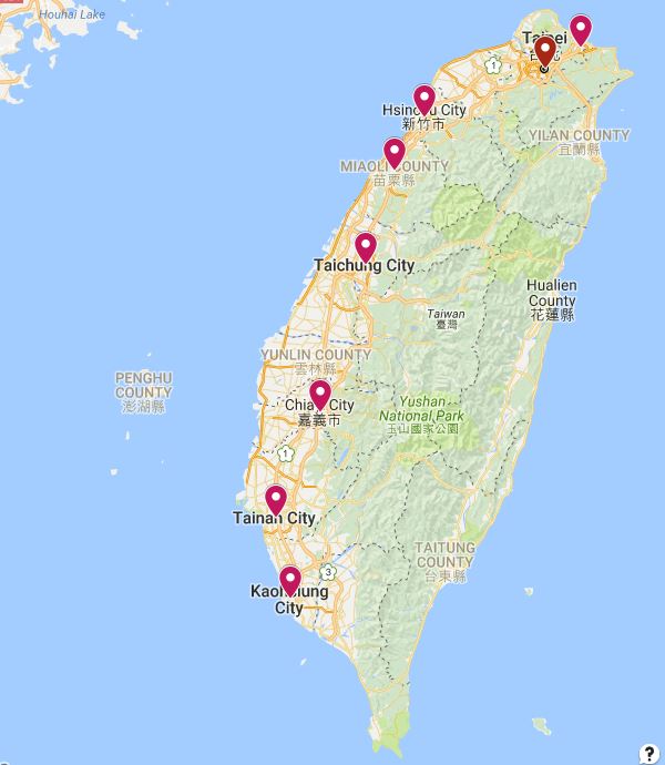 map of the first eight branches created in the Taiwan
