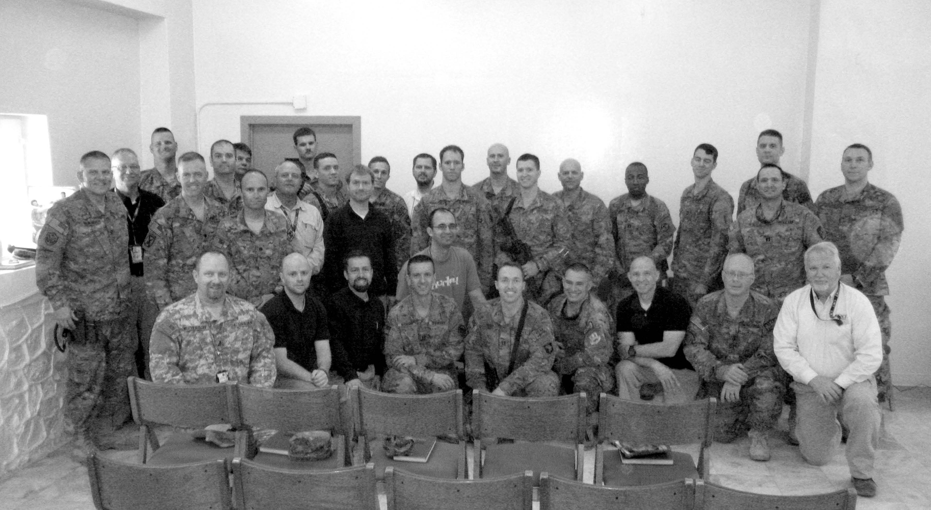 Guy M. Hollingsworth (center) presided over the Bagram Afghanistan Branch during a 400-day combat tour in 2013–14. Statie Young (left) was his second counselor, and Gist Wylie (right) served as his first counselor. Courtesy of Guy M. Hollingsworth.