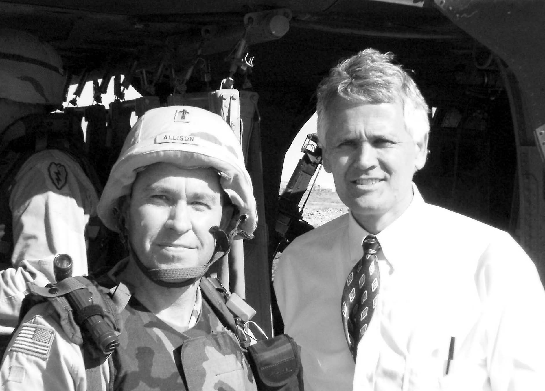 Latter-day Saint chaplain Mark Allison (left) and Area Authority Seventy William Jackson prior to taking a helicopter trip. Courtesy of Mark Allison.
