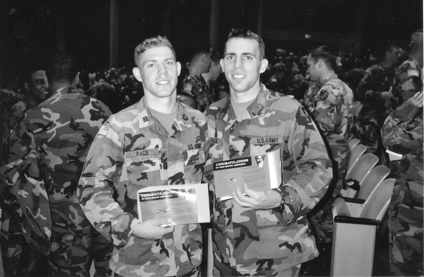 U.S. Military Academy cadets Rick Pace (left) and his older brother, Scott, celebrate after receiving their officer branch assignments at West Point. Rick was branched in the infantry, and Scott was assigned to aviation. Courtesy of Rick Pace.