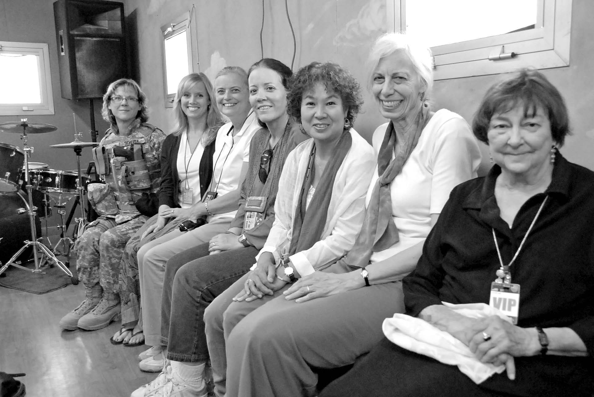This is the first photo taken of the Kabul Military Branch Relief Society. From left to right: Daffney Scherer (who is armed), Margaret Owens, Bonnie Anderson, Libby Brown, Kyoko Wilson, Carol Wilson, and Barbara Thompson. Courtesy of Eugene J. Wikle.