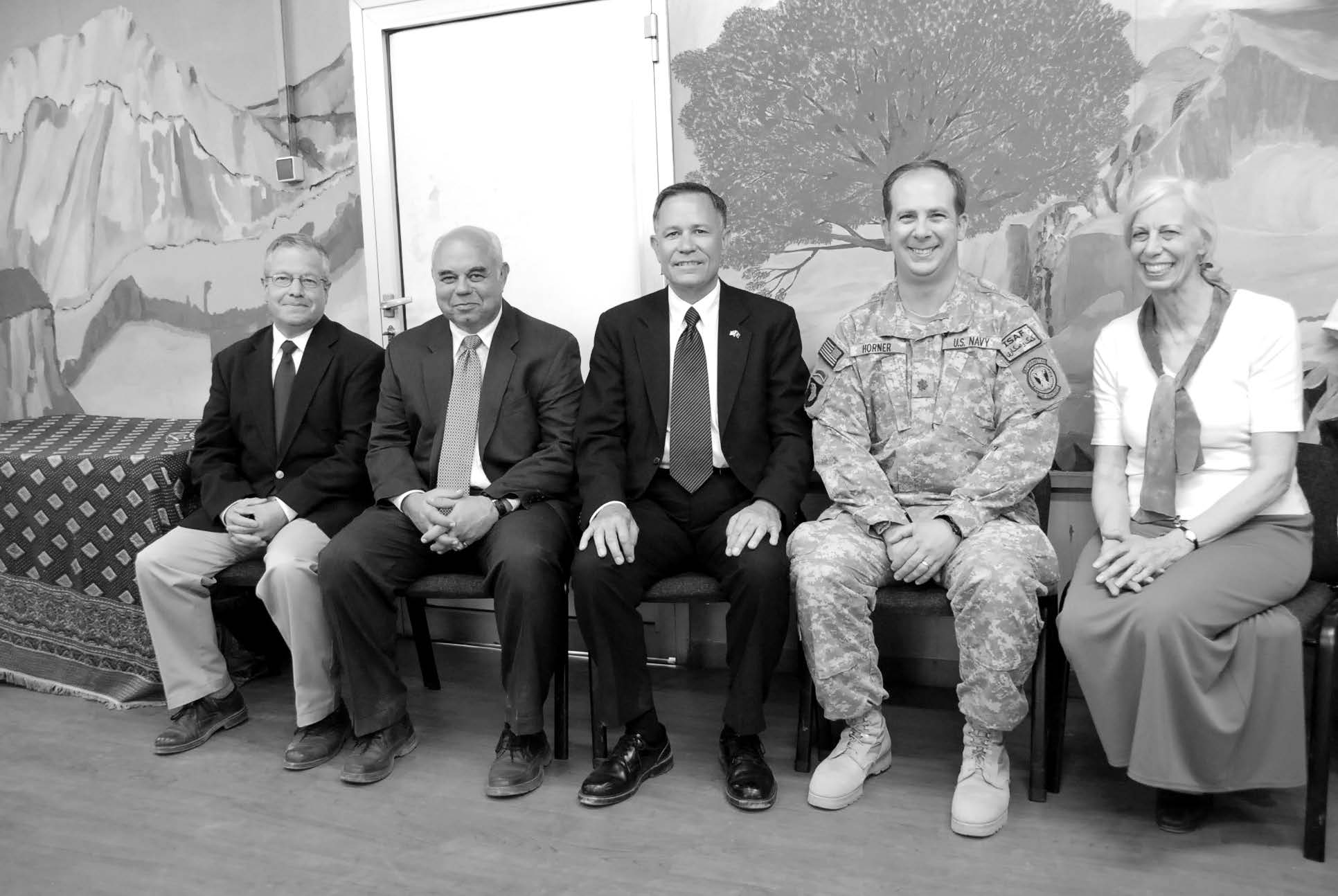 Leadership of the Kabul Afghanistan Military District (left to right): John Oravis, district clerk; Winn Noyes, first counselor; Gene Wikle, district president; Robert Horner, second counselor, and Carol Thompson, district Relief Society president. Courtesy of Eugene J. Wikle.