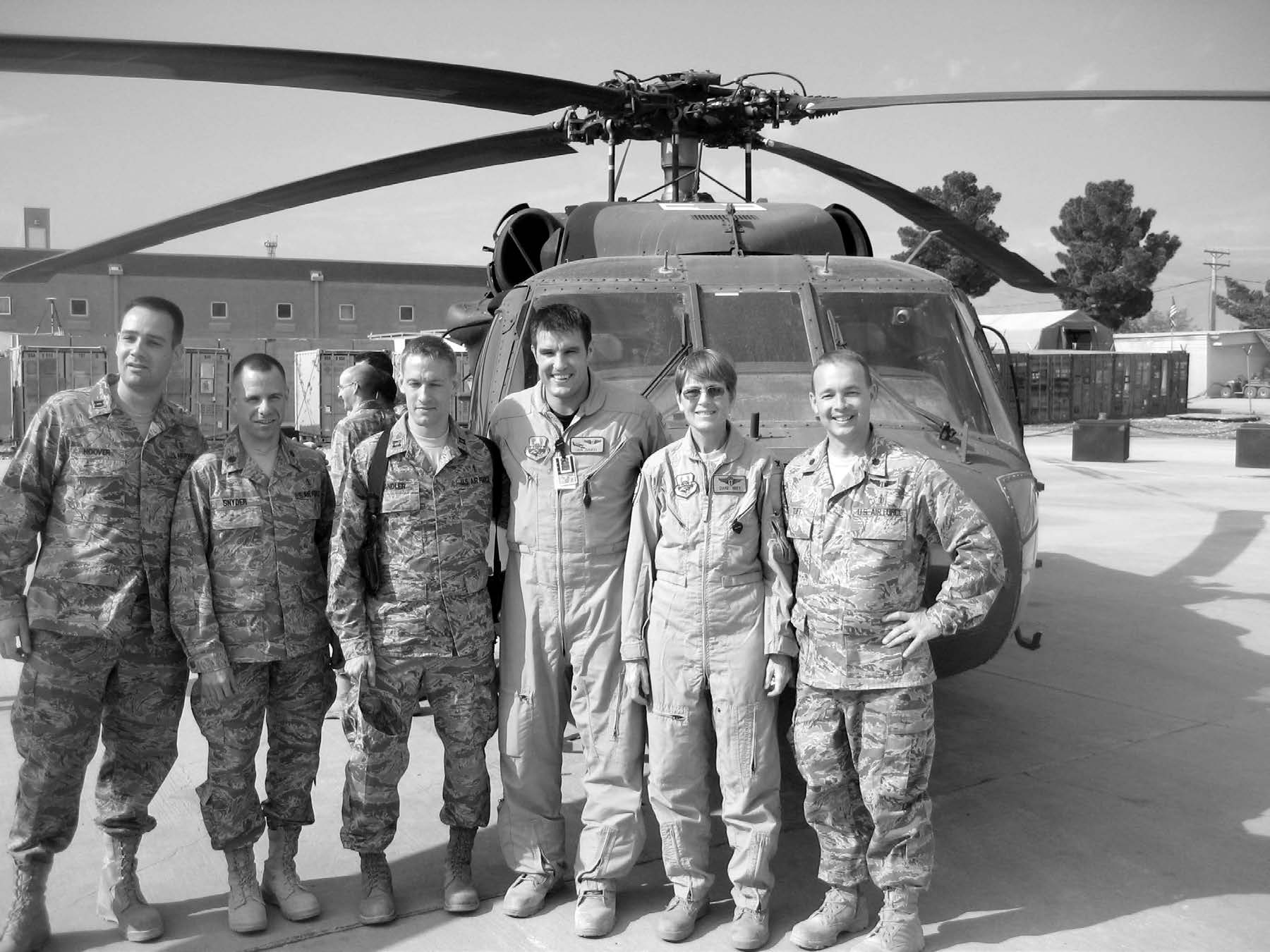Dr. Blaine Tuft, an Air Force lieutenant colonel pediatric physician, with fellow physicians at Craig Joint Theatre Hospital on the Medevac Blackhawk Helicopter flight line at Bagram, Afghanistan, in September 2010. Courtesy of Blaine Tuft.