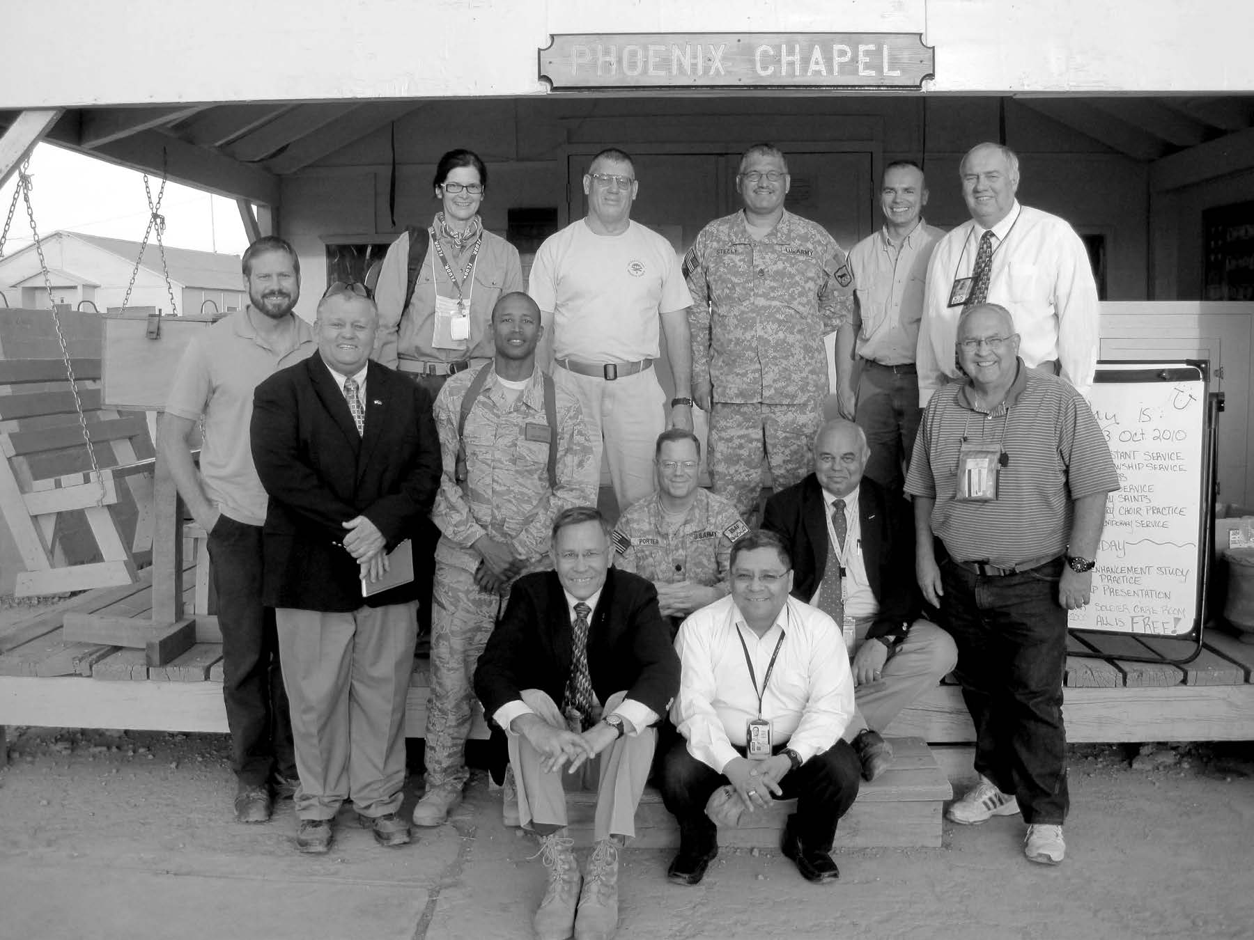 Camp Phoenix service member group with Eugene Wikle, district president (front row, left). Courtesy of Eugene J. Wikle.