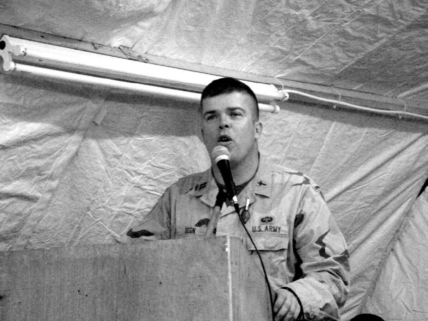 Latter-day Saint Chaplain Christopher Degn is pictured preaching a Sunday sermon. Courtesy of Christopher Degn.