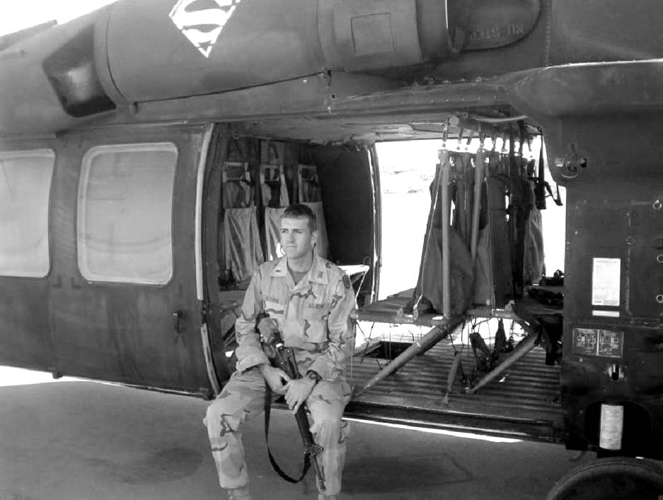 Relaxing after a flight on a U.S. Army UH-60 helicopter. Courtesy of Steve Gundry.