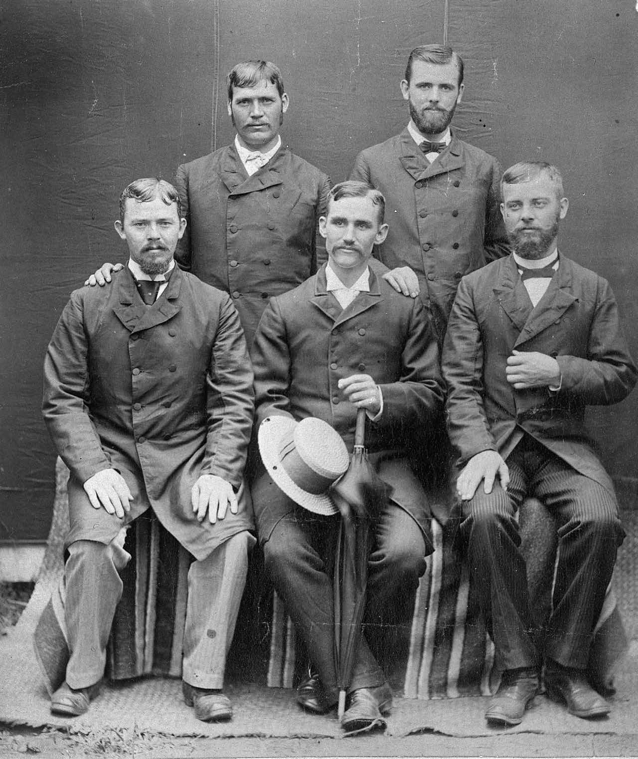 Missionaries in 1892. Top left to right: Elders James Kinghorn, Alva Butler; bottom left to right: Elders Olonzo Merrill, Brigham Smoot, William Hunter. CHL PH 1871.