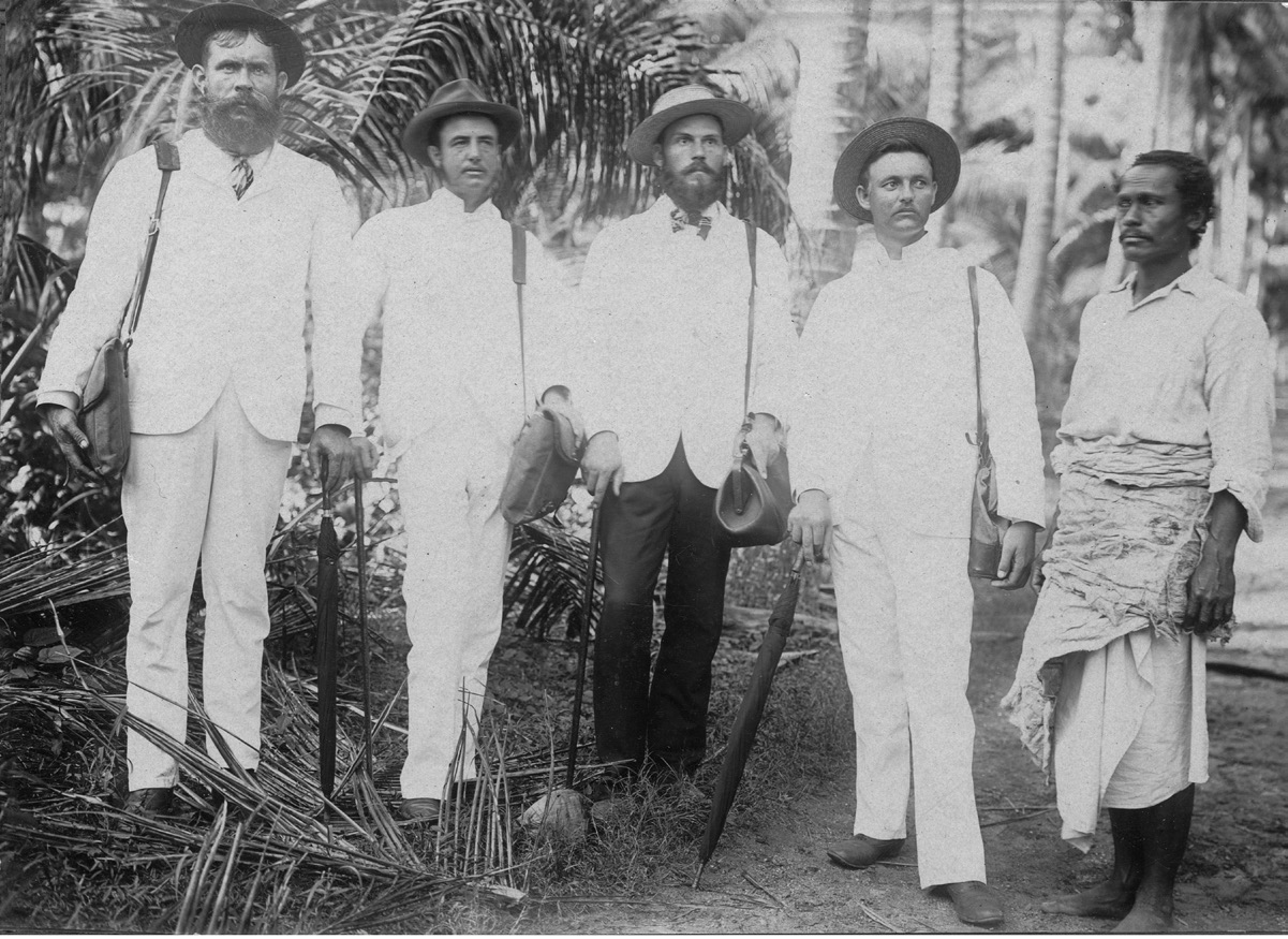 Elders in Ha‘apai: Left to right: Amos Atkinson, Alfred Kofoed, William Hunter, Albert Jones, and Tevesi Lutui of Nomuka. Alfred Kofoed collection courtesy of Perry Special Collections.