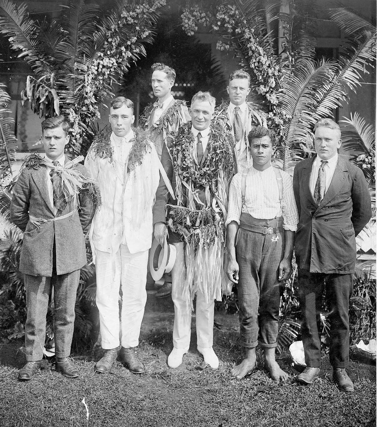 “Just out of quarantine.” Top left to right: President M. Vernon Coombs and Elder Lewis Parkin. Bottom left to right: Elders Walter Phillips, George Robinson, David O. McKay, Pauliasi Fua Matua, and Clarence Henderson. Clarence Henderson collection courtesy of Lorraine Morton Ashton.