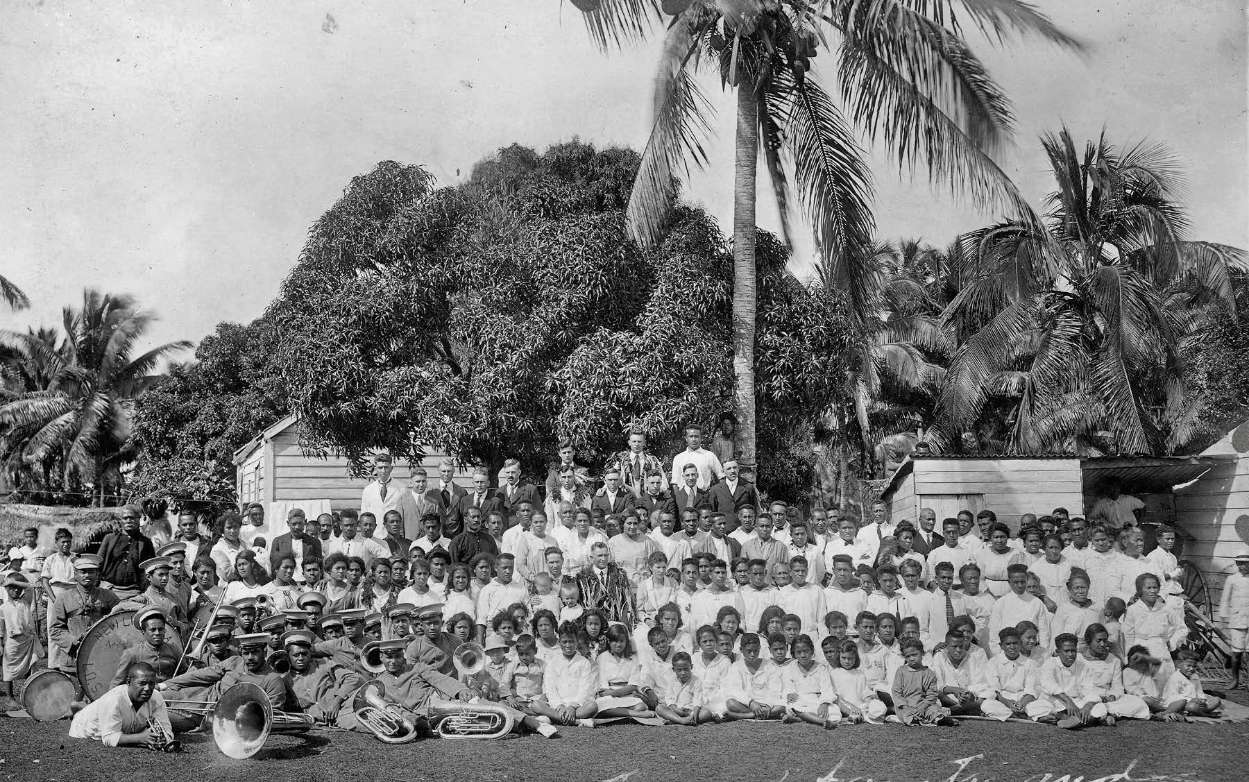 Attendees of the 1921 mission conference with Elder David O. McKay, including the Maamafo‘ou band. Clarence Henderson collection courtesy of Lorraine Morton Ashton.