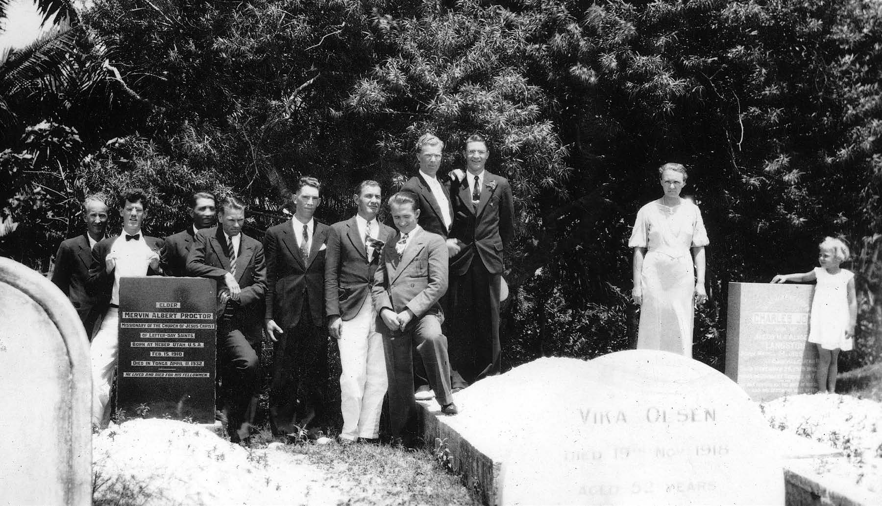 Graves in Nuku‘alofa of Elder Mervyn Proctor, Vika Olsen, wife of Jacob Olsen, and Elder Charles J. Langston. Ermel J. Morton collection courtesy of Lorraine Morton Ashton.