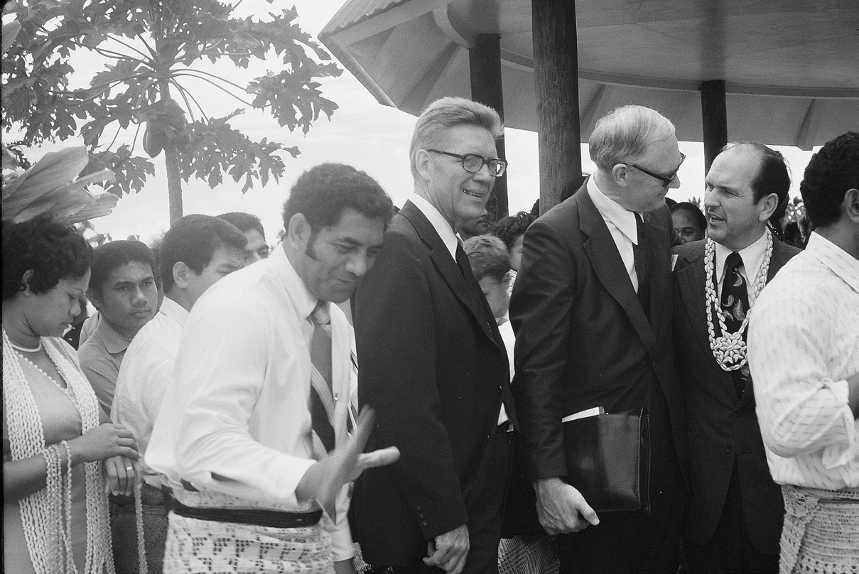 Saia Paongo, Elders Bruce R. McConkie and Loren C. Dunn, with President Russell M. Nelson at the Area Conference. Courtesy of Jerry Dobson.