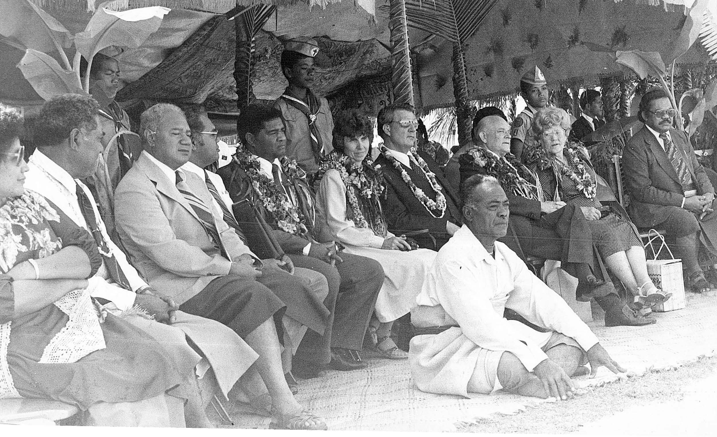 Tevita Ka‘ili, Sione Latu, Pita Hopoate, Elder and Sister Groberg, with Elder and Sister Hunter at a dedication cultural event. Courtesy of Kakolosi Kioa Tu‘ione.