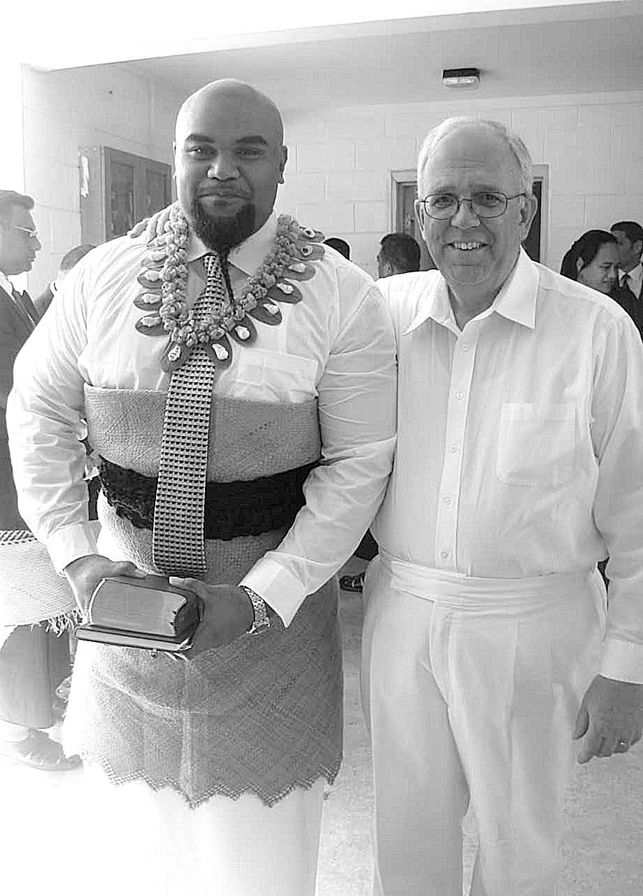 Lord Fulivai and President Lynn McMurray at Lord Fulivai’s baptism. Lynn McMurray.