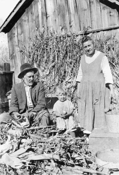 Julia Smith Ballard, husband, Charles, and daughter Phyllis shucking and shelling corn.