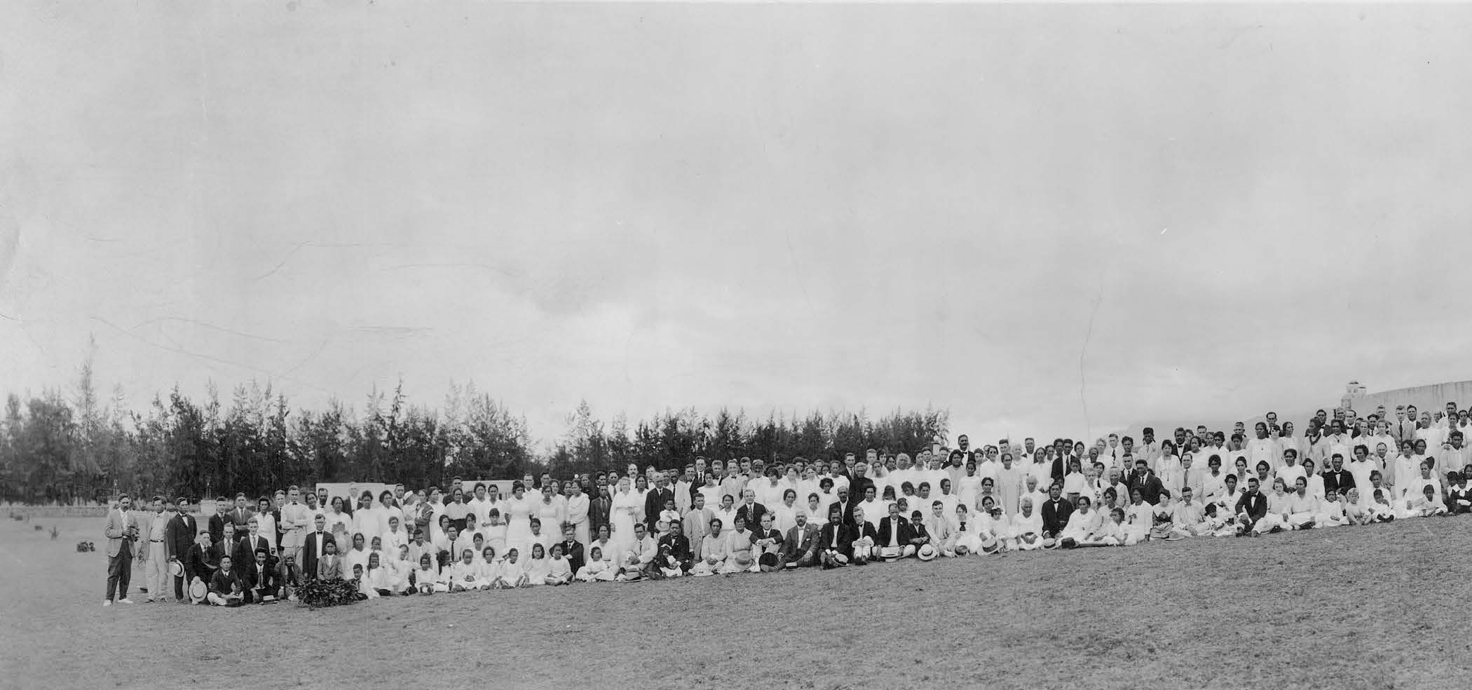 Island Saints in front of the Laie Hawaii Temple in July 1920. Courtesy of Church History Library.