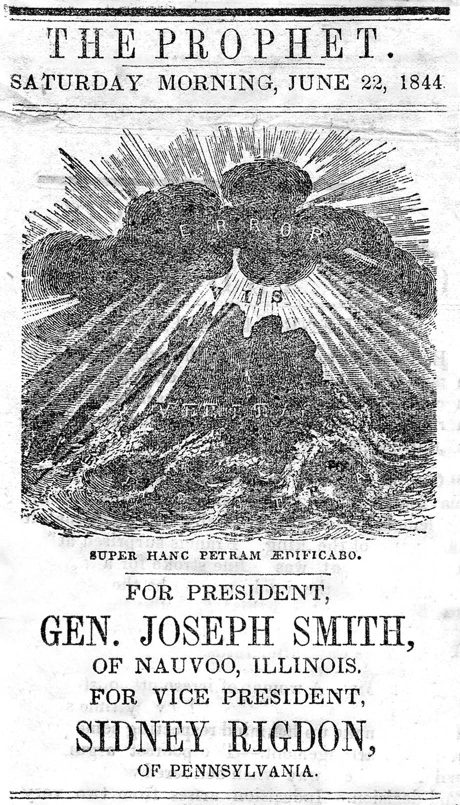 Page from The Prophet newspaper printed in New York City declaring Joseph’s candidacy. Courtesy of Church History Library.