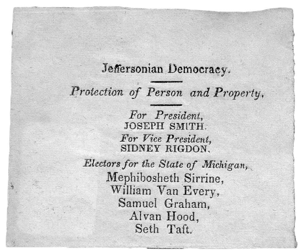 Jeffersonian Democracy pamphlet containing the Michigan electors for Joseph’s campaign. Courtesy of Church History Library.