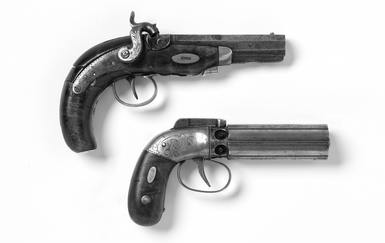 Electioneers John S. Fullmer and Cyrus H. Wheelock smuggled these pistols into Carthage Jail. Joseph used the “pepperbox” (bottom) in defense during the assassination. Courtesy of Church History Museum. © IRI. Used by permission.