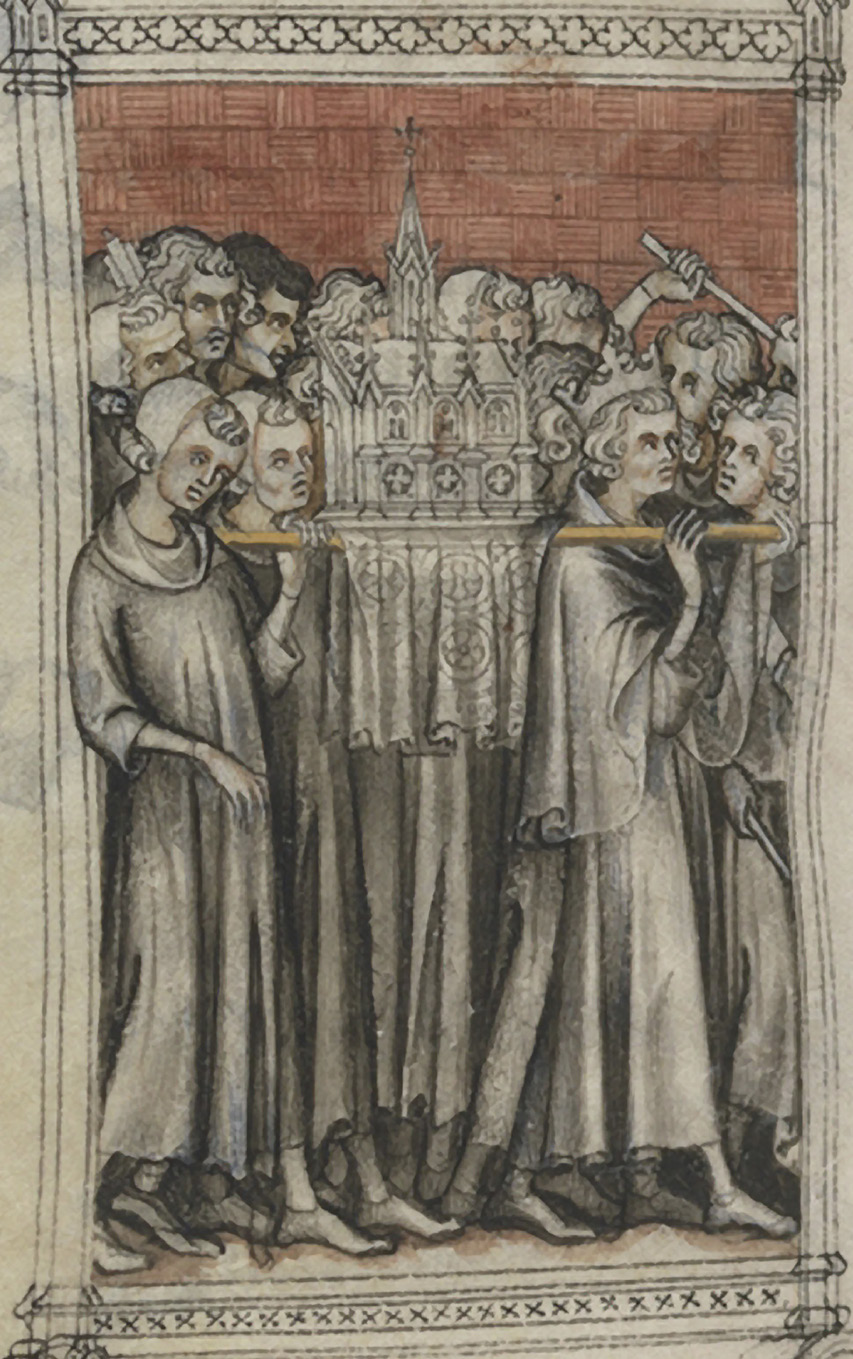 Procession of relics. The remains of the saints were seen as a means of access to holiness and God’s power. Jean Pucelle, The Hours of Jeanne d’Evreux, Queen of France, fol. 173v, detail, ca. 1324–28. The Metropolitan Museum of Art, New York, The Cloisters Collection, 1954. www.metmuseum.org (CC0 1.0).