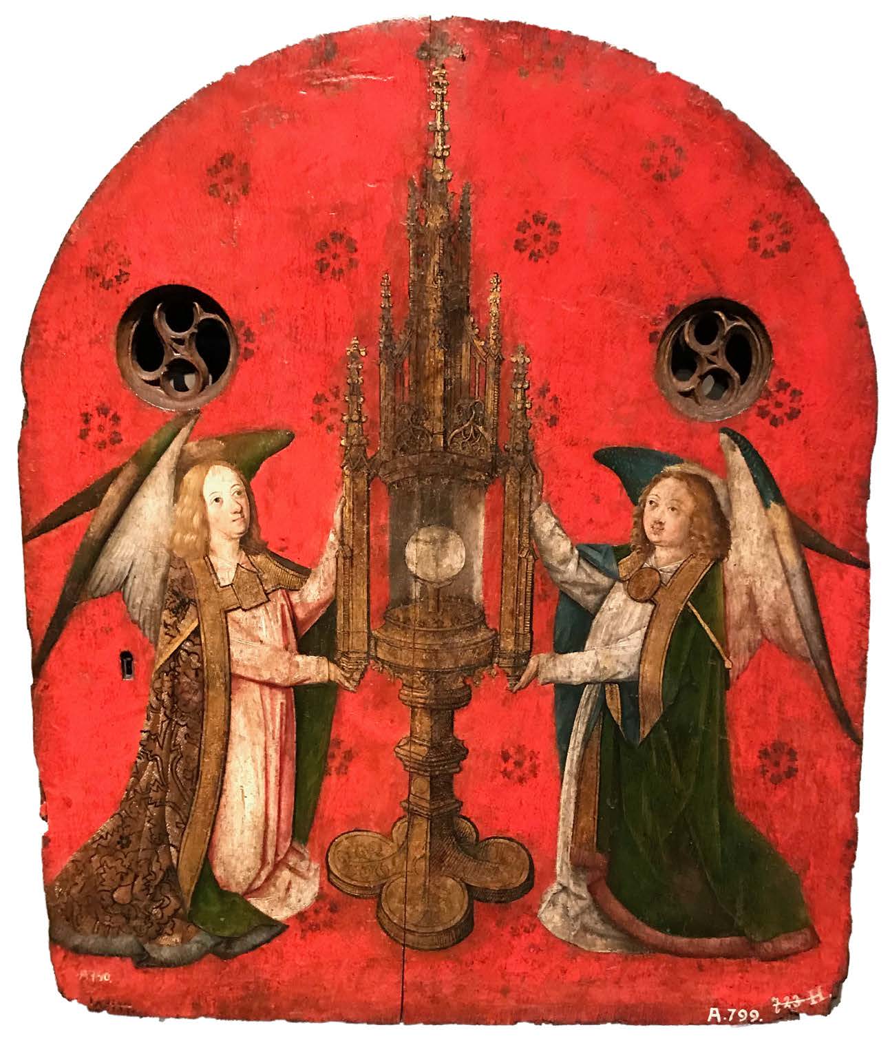 Later in the Middle Ages emphasis was shifted to encountering the presence of Christ through passion relics or the consecrated host (sacrament bread), which was often displayed for viewing in a transparent receptacle known as a monstrance. Sacrament cupboard door, fifteenth century. Museum Schnütgen, Köln.