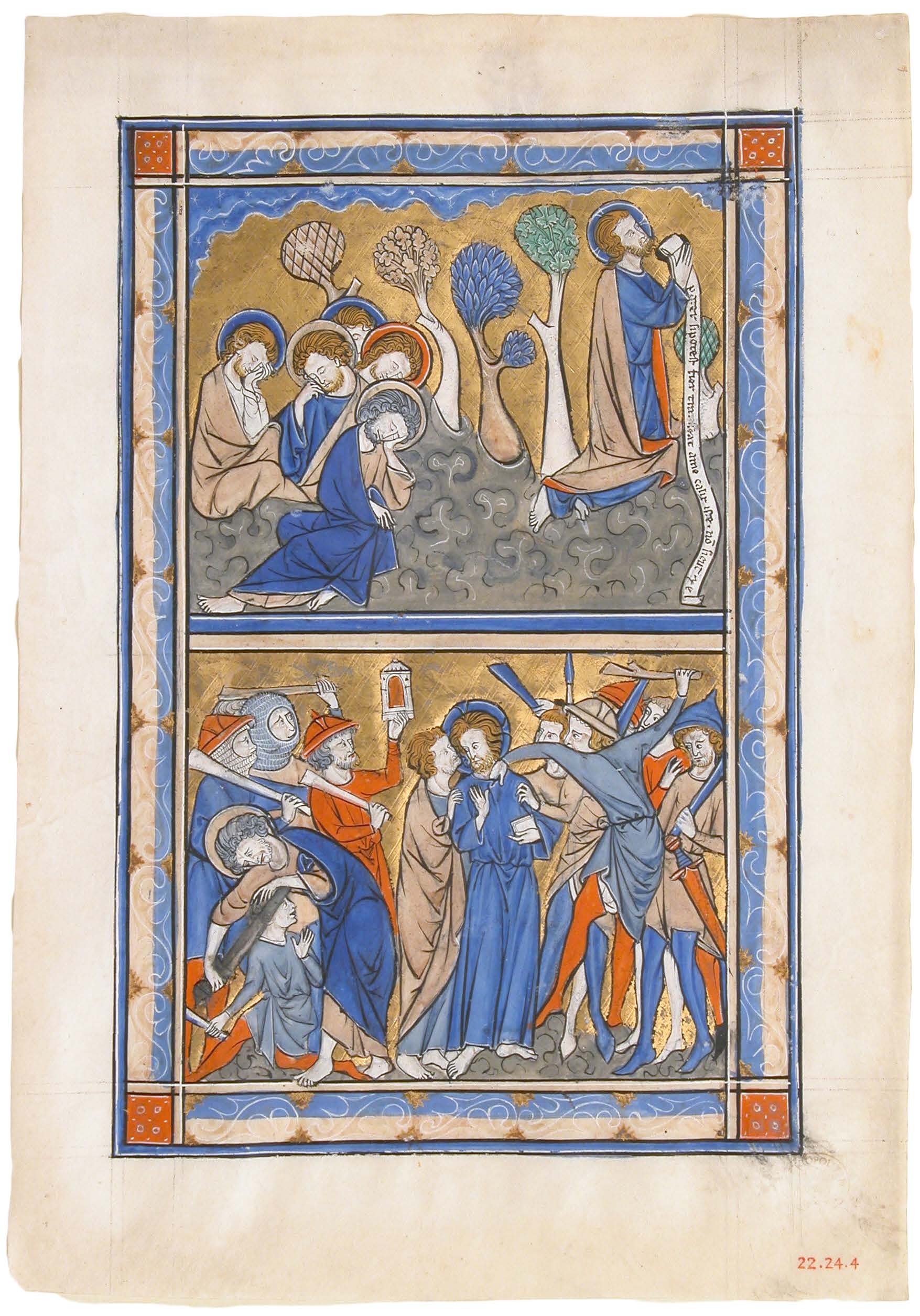 “And being in an agony he prayed more earnestly: and his sweat was as it were great drops of blood falling down to the ground” (Luke 22:44). Manuscript Leaf with the Agony in the Garden and Betrayal of Christ, from a Royal Psalter, ca. 1270. The Metropolitan Museum of Art, New York, Rogers Fund, 1922.