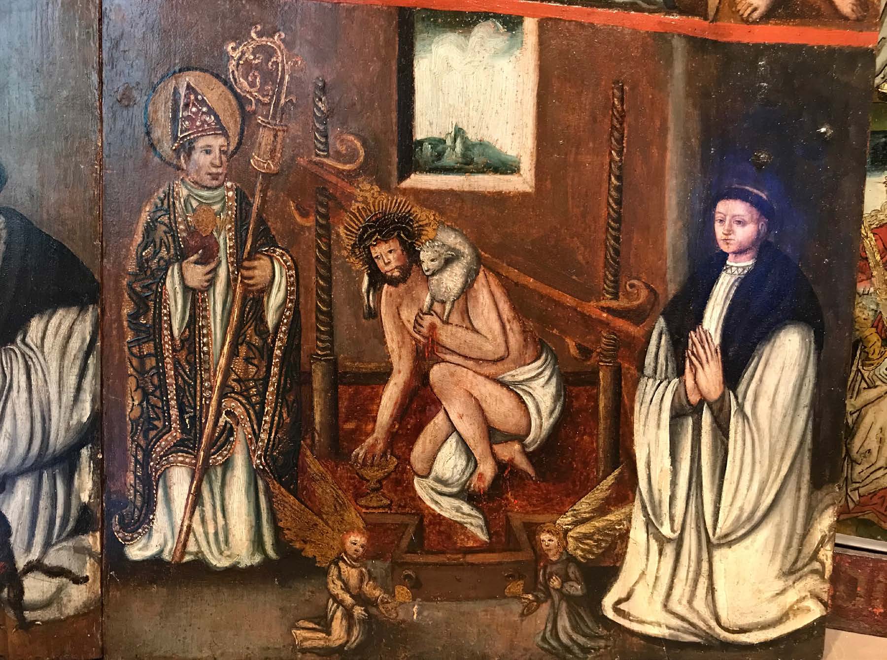 The image of Christ being pressed in a winepress showed his sufferings as the source of the life and mercy that we need. Theodosia-altaar, detail, 1545. Museum Catharijneconvent, Utrecht.