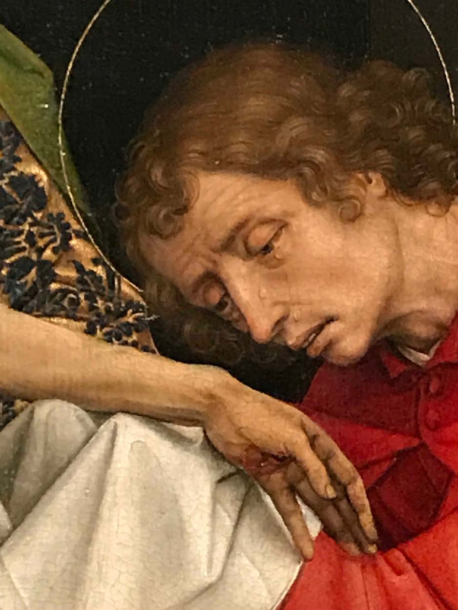 The tears shown in many devotional paintings modeled responses of sorrow, love, and gratitude for Christ’s death on our behalf. Rogier van der Weyden, The Entombment of Christ, detail, ca. 1460–64 (taken in Maritshuis, The Hague). Galleria degli Uffizi, Florence.