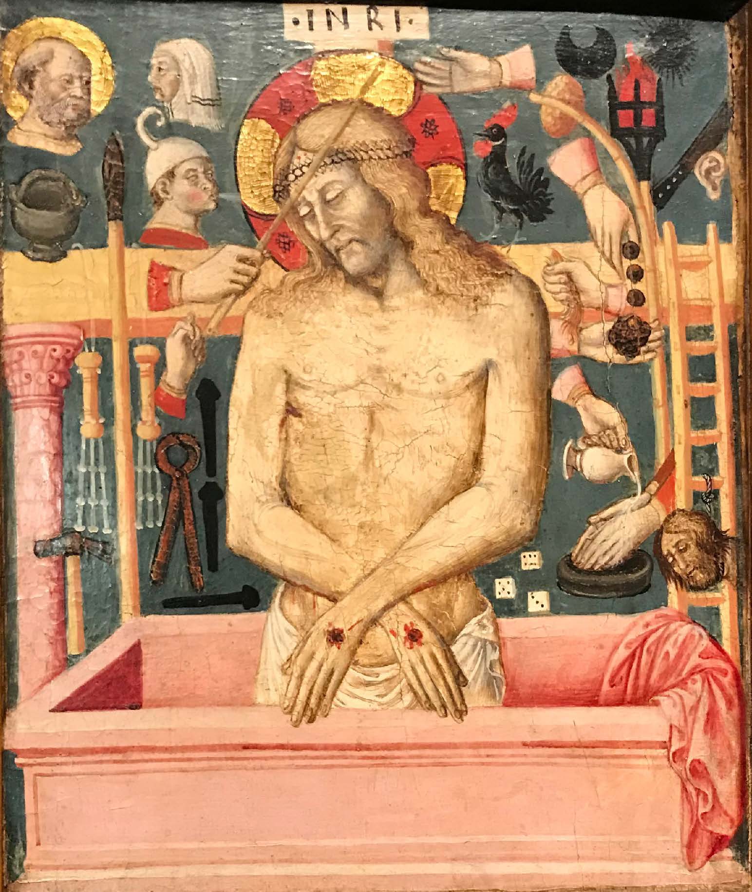 The Man of Sorrows was often accompanied by the Arma Christi so that one image portrayed the entire story of his suffering, death, and resurrection. Christ as the Man of Sorrows, with the “Arma Christi,” detail, last quarter of the fifteenth century. Wallraf-Richartz-Museum, Köln.