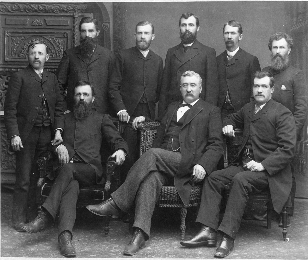 Municipal Officers of Ogden, Utah, 1889. At the height of anti-polygamy persecution in 1889, the people of Ogden elected Liberal Party officers for the first time. The same would happen in Salt Lake City the following year. 1889 photo by the Adams Bros. courtesy of Church History Library
