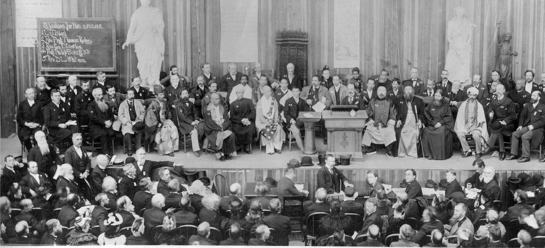 In 1893 the Parliament of World Religions refused to allow a Latter-day Saint delegate, highlighting the struggle of the church to gain acceptance. Photo of the convened parliament at the 1893 World’s Columbian Exposition courtesy of the Council for a Parliament of the World’s Religions.
