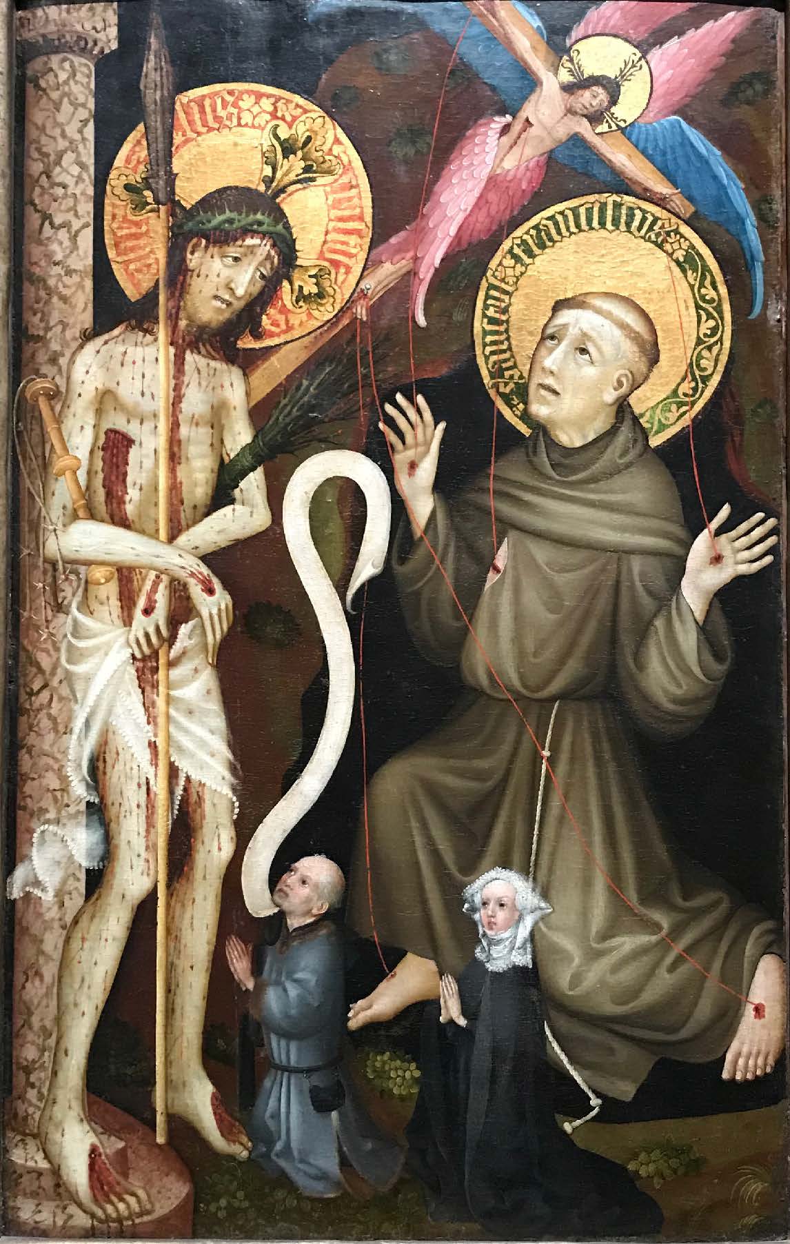 The stigmata of St. Francis exemplifies the idea of being both spiritually and physically changed by following Christ. Christus als Schmerzensmann, hl. Franzikskus und Stifterpaar, around 1420. Wallraf-Richartz-Museum, Köln.