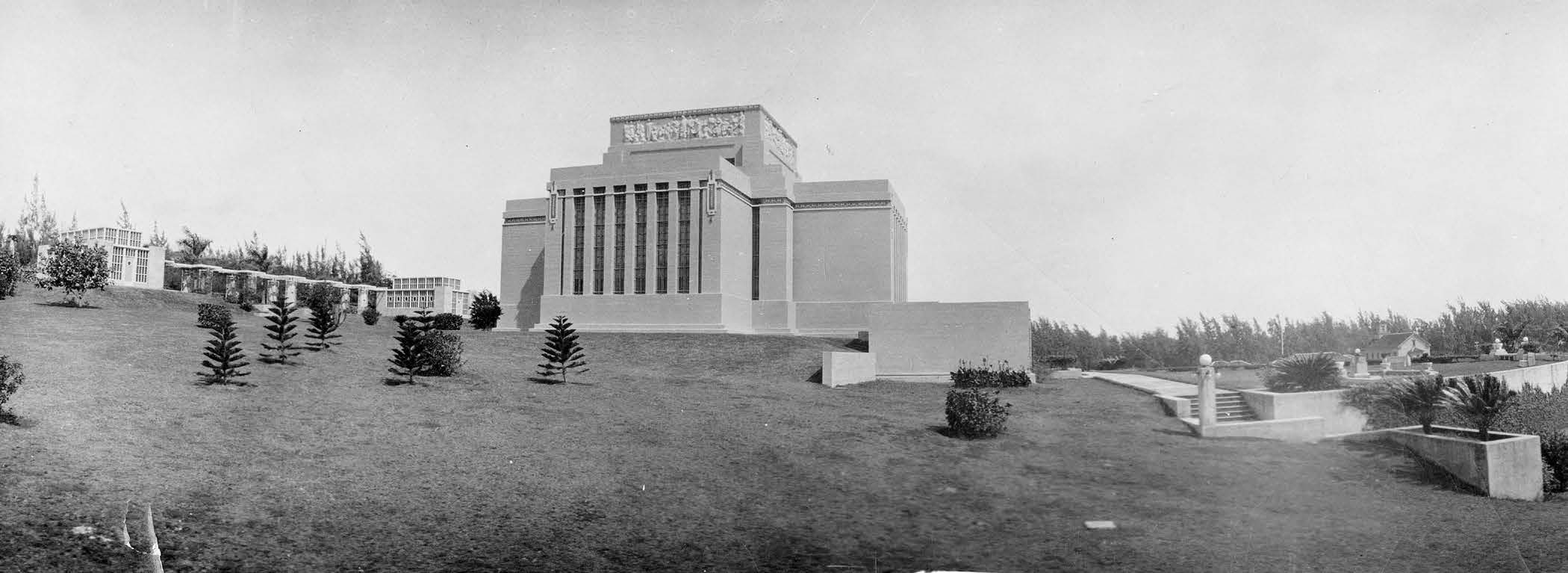 South side view of the Laie Hawaii Temple. Patrons enter the ground level of the temple from the east side. Then in ascending symbolism they pass from room to room until reaching the celestial room, the pinnacle of the temple. Courtesy of Church History Library.