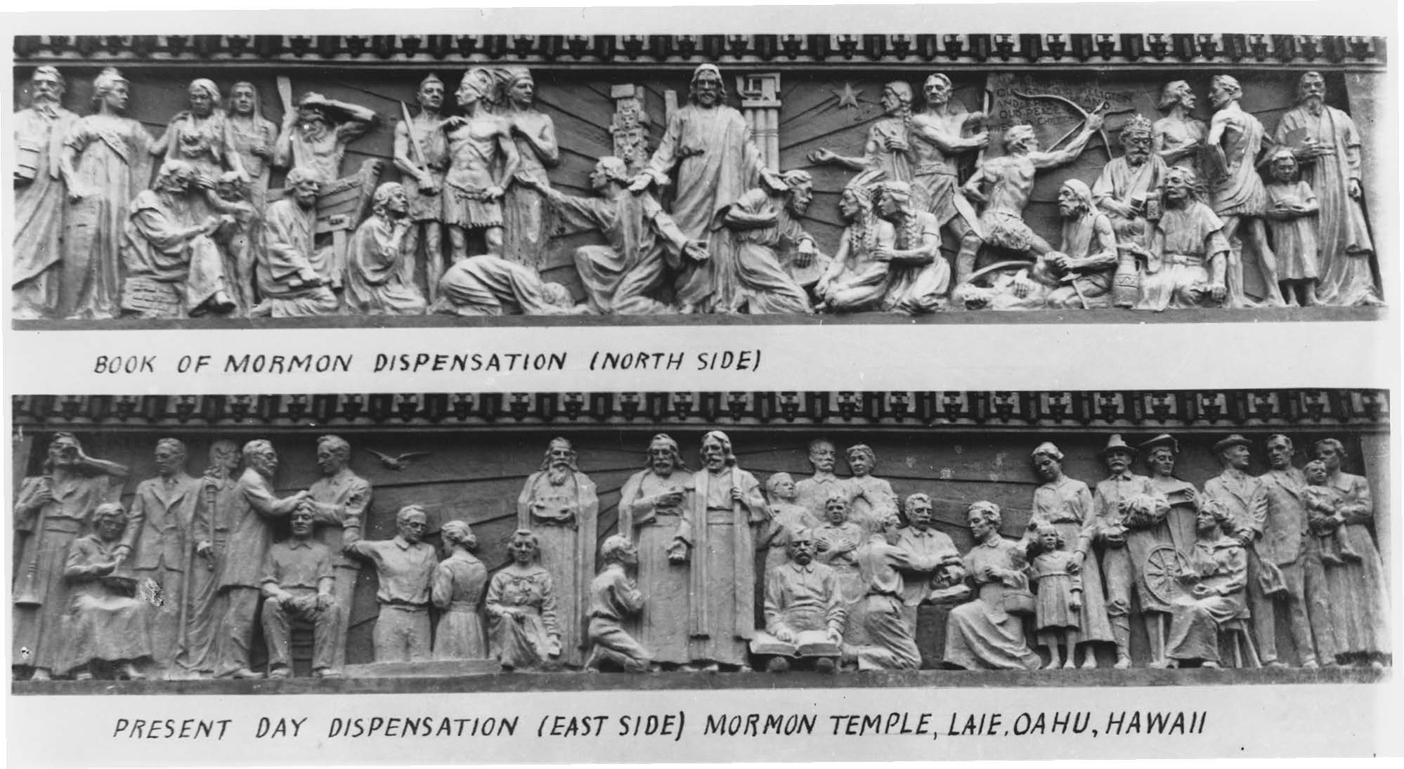 These friezes encircling the temple’s cornice are among a number of artistic adornments to the Laie Hawaii Temple. See additional information on the friezes in appendix 2. Courtesy of Church History Library.