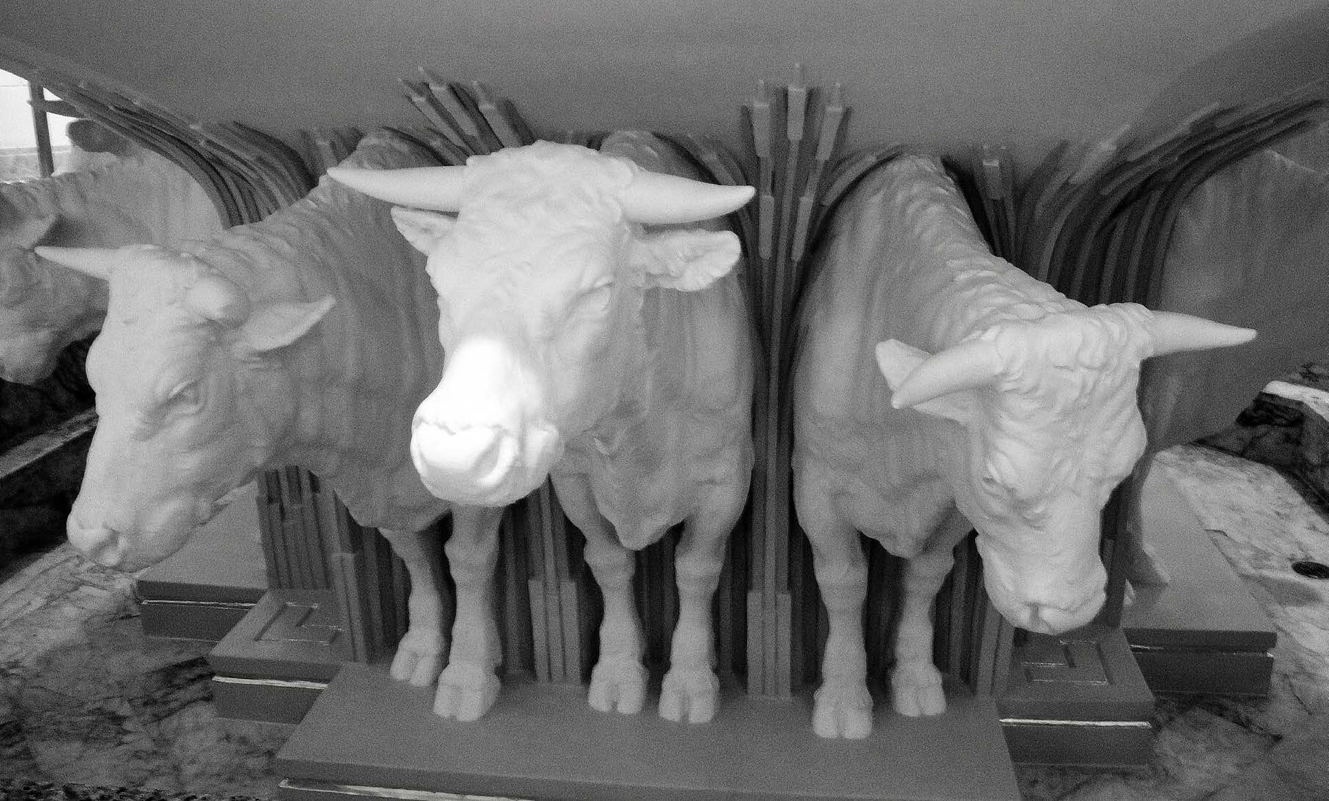 A set of three distinct oxen were sculpted and then reproduced three more times, giving the effect that all oxen look different when viewed from various angles. © 2010 IRI. Used with permission.