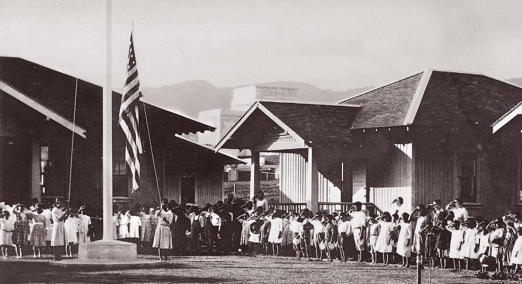 In 1921, while attending a flag-raising ceremony at the primary school just down the hill from the temple, Elder David O. McKay “envisioned a temple of learning to complement the House of the Lord.” Over three decades later this vision became the Church College of Hawaii (later renamed BYU–Hawaii). Courtesy of BYU–Hawaii Archives.