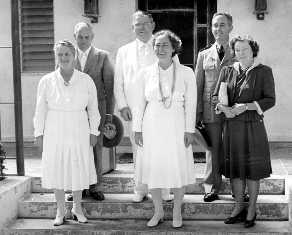 In August 1941 temple president Albert H. Belliston (center, back row) was authorized to call counselors to assist him, William M. Waddoups (left) and Edward L. Clissold (right), shown here with their wives. Calling counselors became standard practice for all Hawaii Temple presidents thereafter. Courtesy of BYU–Hawaii Archives.
