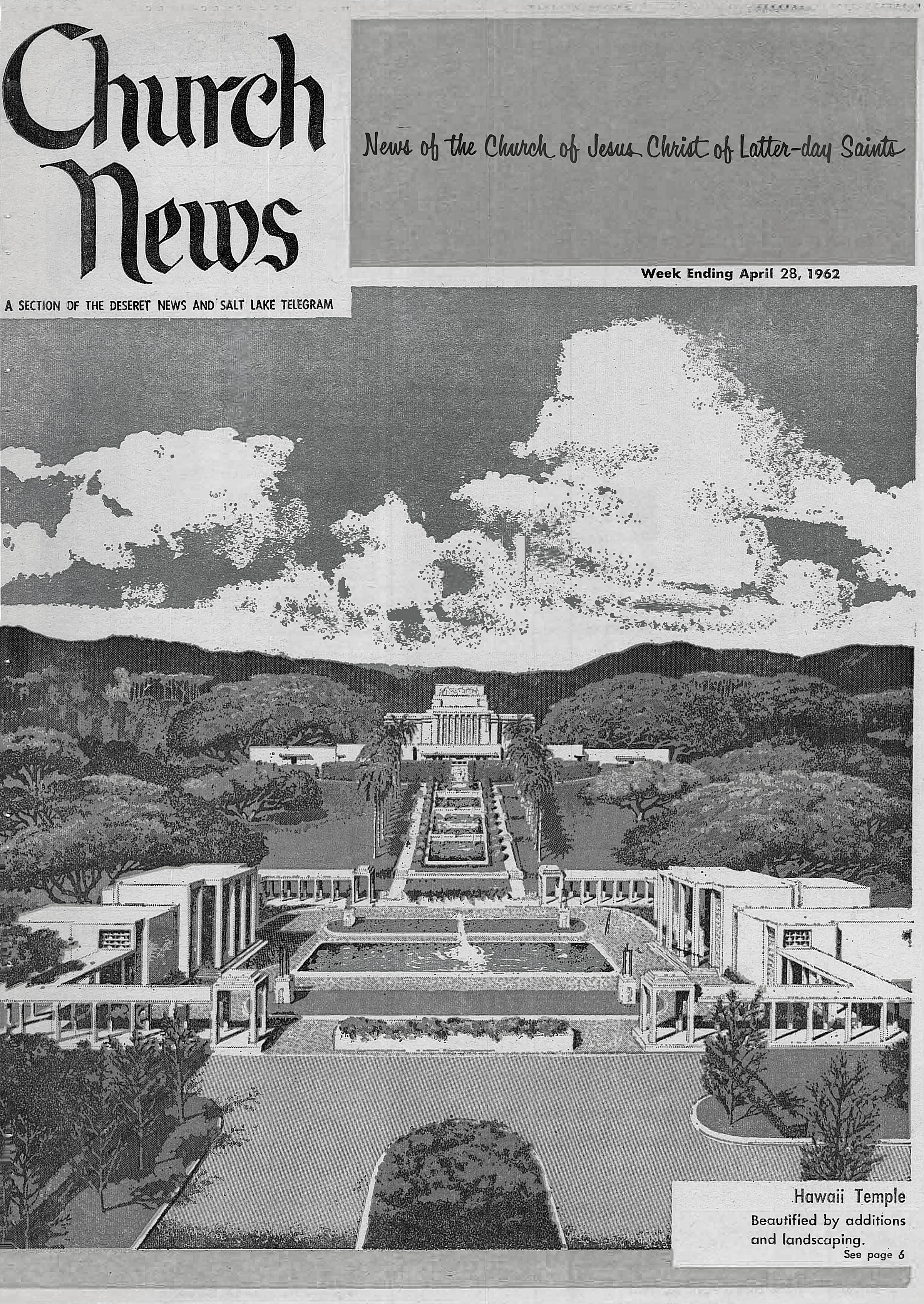 This cover illustrates the plan for the Hawaii Temple and its grounds, improvements that would coincide with additions made to the college and with the construction of the Polynesian Cultural Center. Courtesy of Church News.