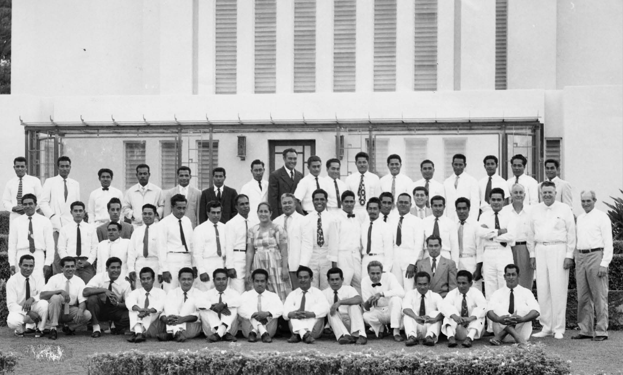 The Tongan and Samoan building missionaries attended the temple to receive their own endowments and regularly attended the temple during their service. Courtesy of BYU–Hawaii Archives.