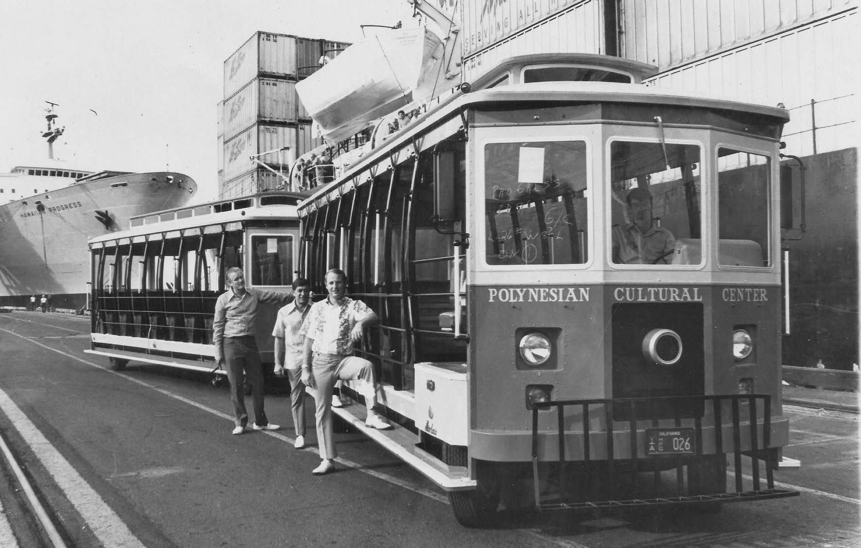 Originally using two replica 1910 Honolulu trams for effect (pictured), the free guided tours of Lāʻie included the temple as a final stop before returning to the PCC. Courtesy of BYU– Hawaii Archives.