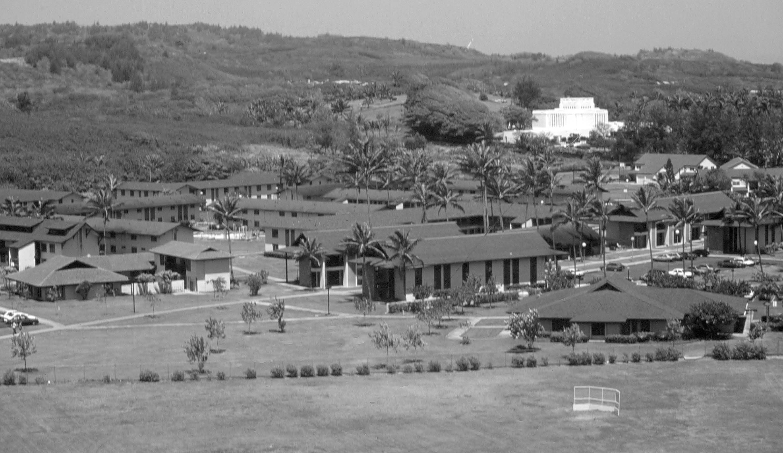 View of the Laie Hawaii Temple from the Church College of Hawaii campus. Courtesy of BYU–Hawaii Archives.