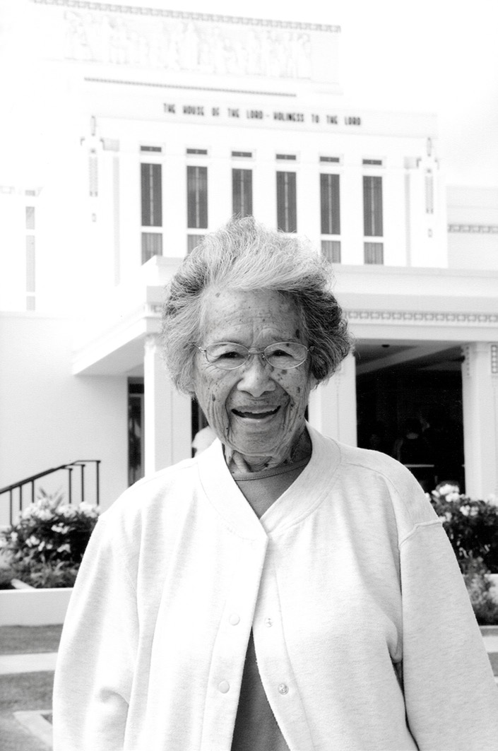 Abigail K. Kailimai attended the children’s dedicatory session in 1919, the 1978 rededication, and in her nineties the 2010 rededication of the Laie Hawaii Temple. Courtesy of Mike Foley.