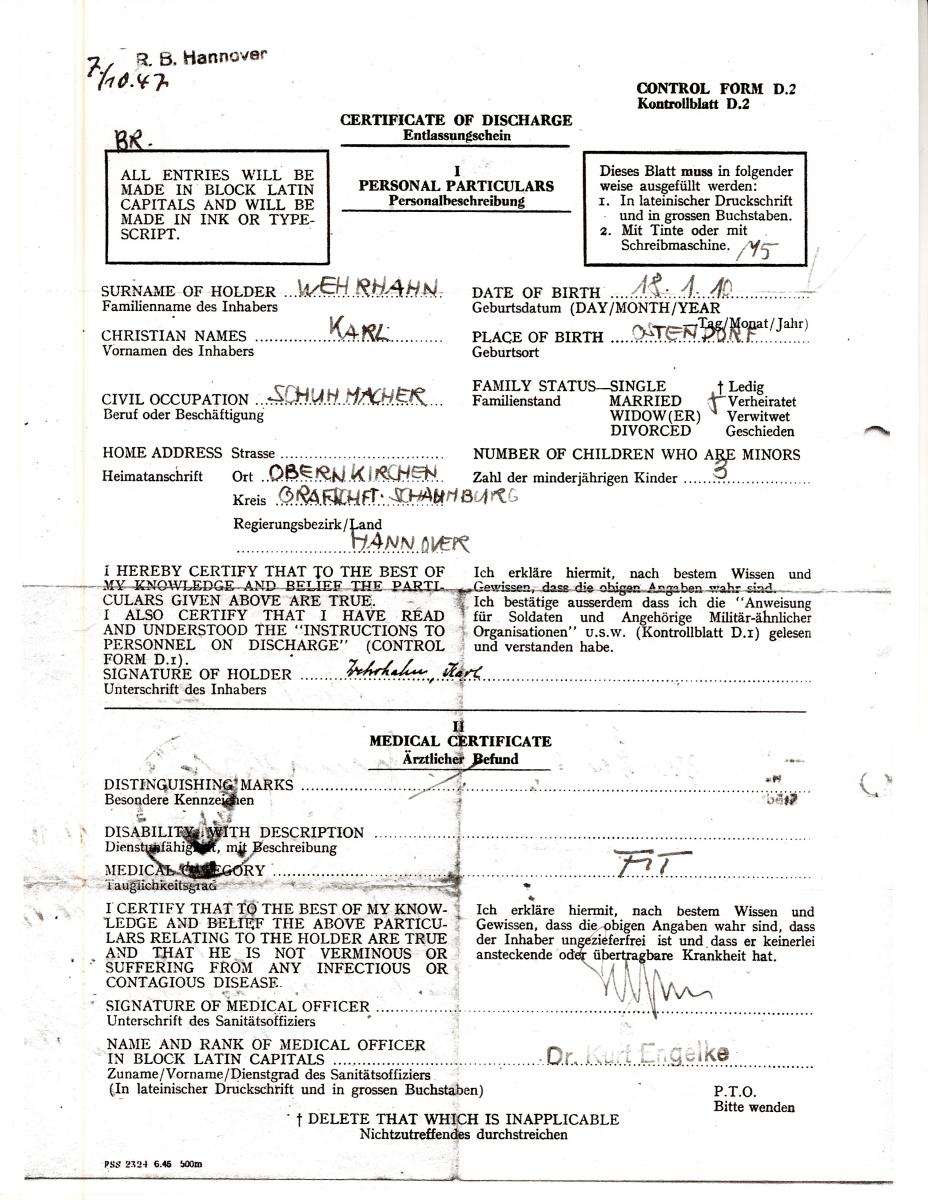 The official release papers for POW Karl Wehrhahn.
