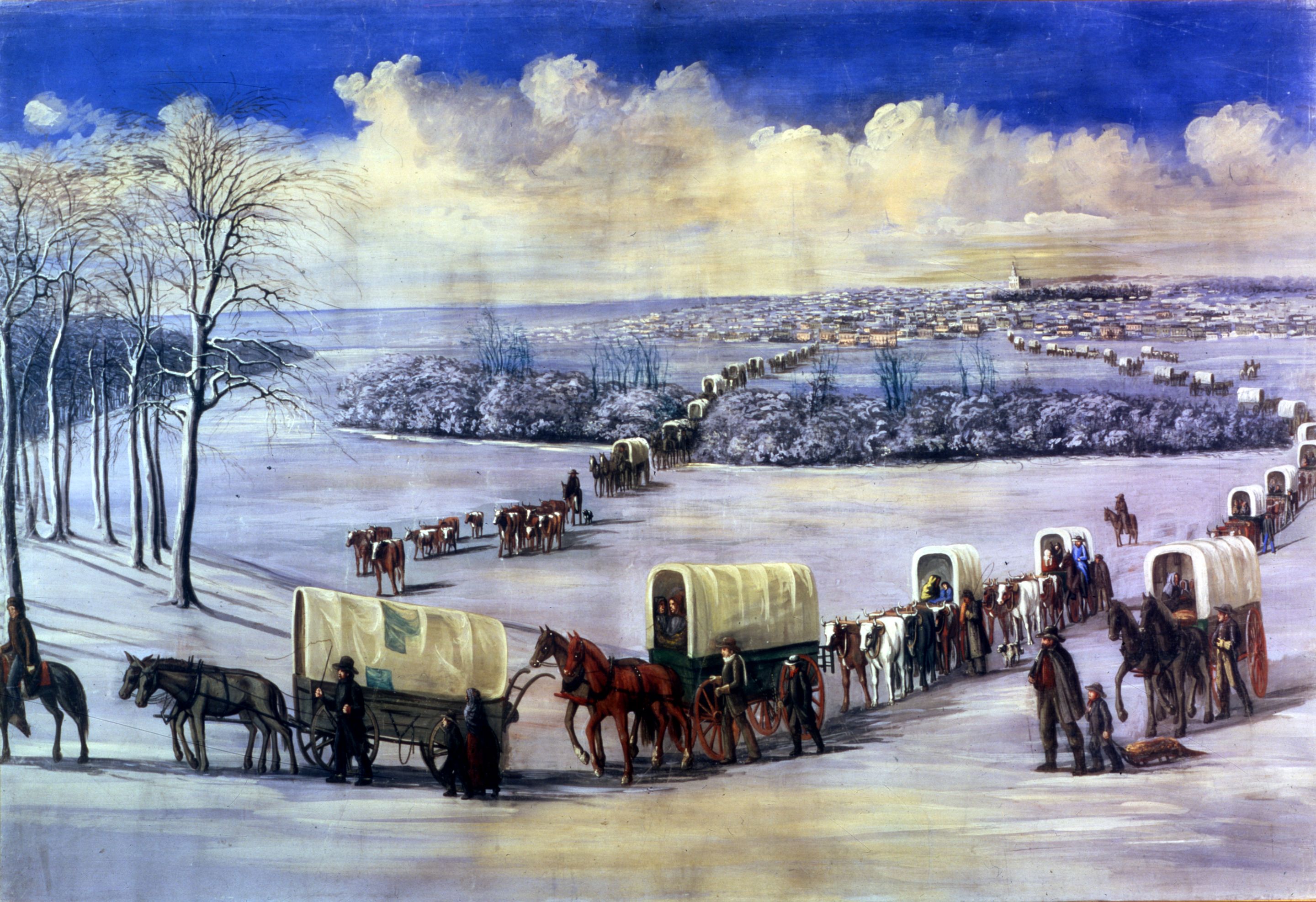 horses and handcarts crossing a frozen river
