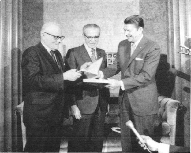 Presidents Marion G. Romney and N. Eldon Tanner of the First Presidency with U.S. President Ronald Reagan