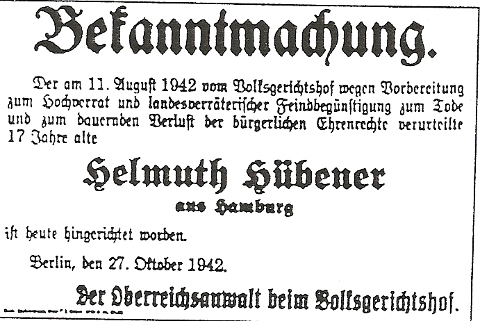 This notice of Helmuth Hübener’s execution appeared in a Kassel newspaper