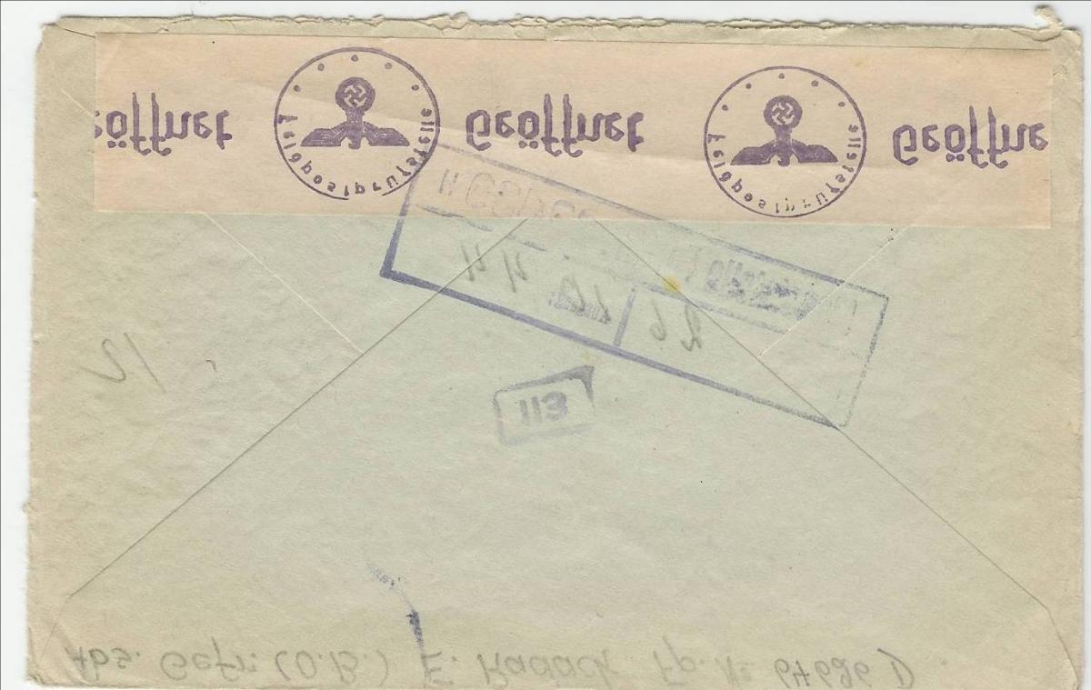 Fig. 12. The envelope carrying Ehrenfried Radack’s letter home to his parents was opened by censors. The stamp (geöffnet, “opened”) attests to the process. (R. Radack)