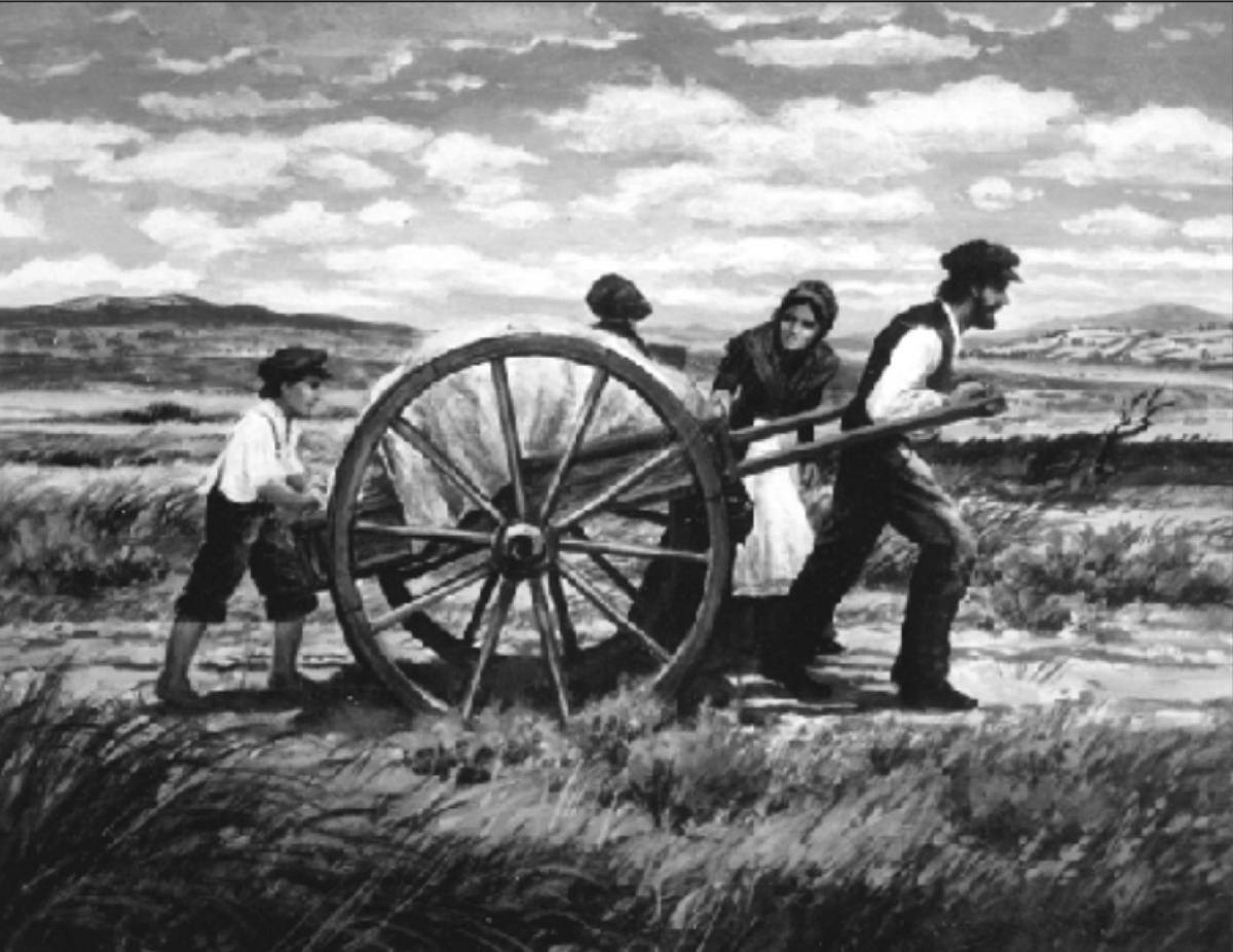 Painting of a young pioneer family pulling a handcart