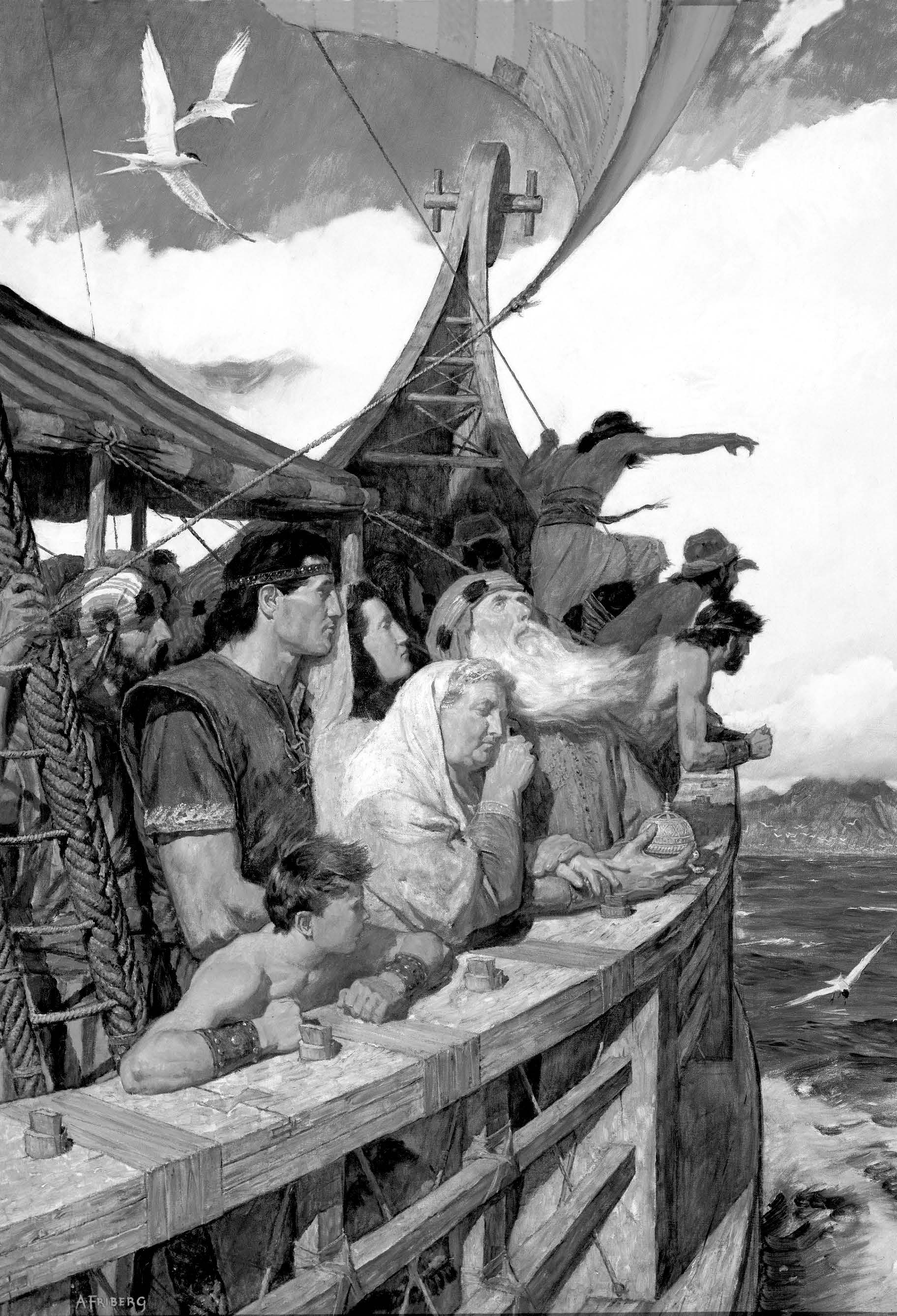 Nephi and his family on a boat